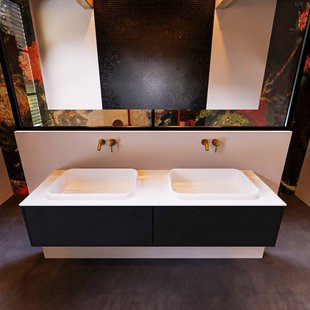 Badkamermeubelset Mondiaz Erin 150 cm met 2 Lades met RIDGE Wastafel Dubbel Talc Zonder Kraangaten Greeploos Mat Urban