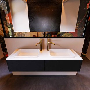 Badkamermeubelset Mondiaz Erin 150 cm met 2 Lades met RIDGE Wastafel Dubbel Talc met 2 kraangaten Greeploos Mat Urban