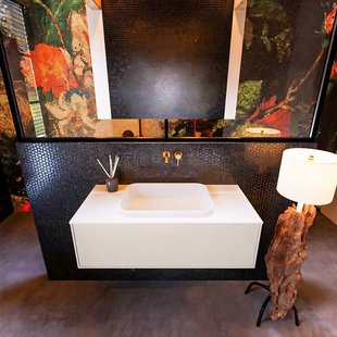 Badkamermeubelset Mondiaz Erin 100 cm met 1 Lade met RIDGE Wastafel Midden Talc Zonder Kraangaten Greeploos Mat Linen