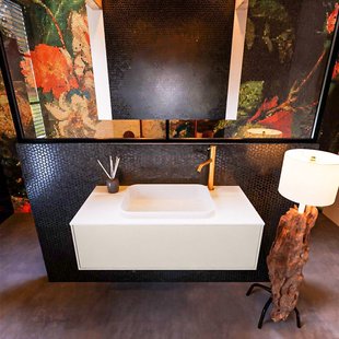 Badkamermeubelset Mondiaz Erin 100 cm met 1 Lade met RIDGE Wastafel Midden Talc met 1 kraangat Greeploos Mat Linen