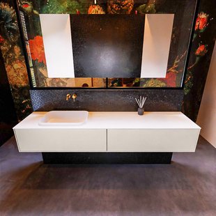 Badkamermeubelset Mondiaz Erin 200 cm met 2 Lades met RIDGE Wastafel Links Talc Zonder Kraangaten Greeploos Mat Linen