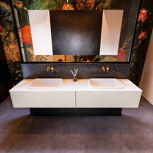 Badkamermeubelset Mondiaz Erin 200 cm met 2 Lades met RIDGE Wastafel Dubbel Talc Zonder Kraangaten Greeploos Mat Linen