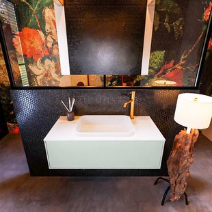 Badkamermeubelset Mondiaz Erin 100 cm met 1 Lade met RIDGE Wastafel Midden Talc met 1 kraangat Greeploos Mat Greey