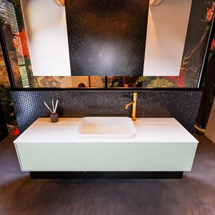 Badkamermeubelset Mondiaz Erin 150 cm met 1 Lade met RIDGE Wastafel Midden Talc met 1 kraangat Greeploos Mat Greey