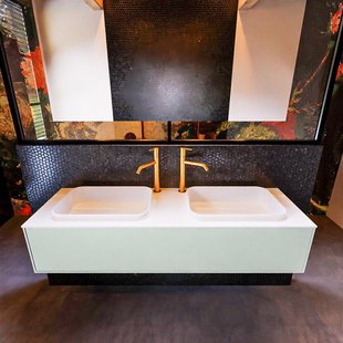 Badkamermeubelset Mondiaz Erin 150 cm met 1 Lade met RIDGE Wastafel Dubbel Talc met 2 kraangaten Greeploos Mat Greey