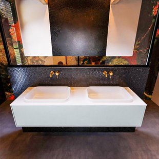 Badkamermeubelset Mondiaz Erin 150 cm met 1 Lade met RIDGE Wastafel Dubbel Talc Zonder Kraangaten Greeploos Mat Clay