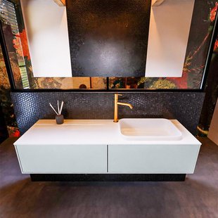 Badkamermeubelset Mondiaz Erin 150 cm met 2 Lades met RIDGE Wastafel Rechts Talc met 1 kraangat Greeploos Mat Clay