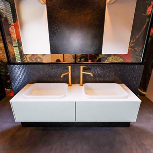 Badkamermeubelset Mondiaz Erin 150 cm met 2 Lades met RIDGE Wastafel Dubbel Talc met 2 kraangaten Greeploos Mat Clay