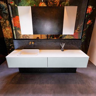 Badkamermeubelset Mondiaz Erin 200 cm met 2 Lades met RIDGE Wastafel Links Talc Zonder Kraangaten Greeploos Mat Clay