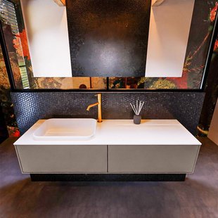 Badkamermeubelset Mondiaz Erin 150 cm met 2 Lades met RIDGE Wastafel Links Talc met 1 kraangat Greeploos Mat Smoke