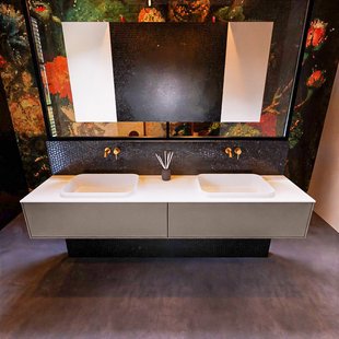 Badkamermeubelset Mondiaz Erin 200 cm met 2 Lades met RIDGE Wastafel Dubbel Talc Zonder Kraangaten Greeploos Mat Smoke