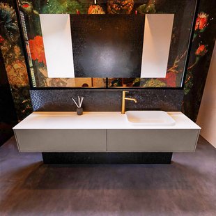 Badkamermeubelset Mondiaz Erin 200 cm met 2 Lades met RIDGE Wastafel Rechts Talc met 1 kraangat Greeploos Mat Smoke