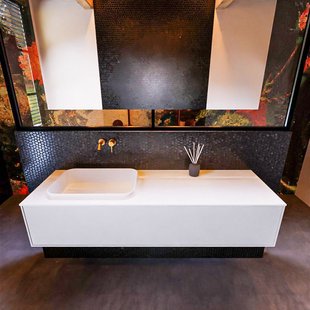 Badkamermeubelset Mondiaz Erin 150 cm met 1 Lade met RIDGE Wastafel Links Talc Zonder Kraangaten Greeploos Mat Cale