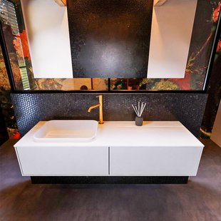 Badkamermeubelset Mondiaz Erin 150 cm met 2 Lades met RIDGE Wastafel Links Talc met 1 kraangat Greeploos Mat Cale