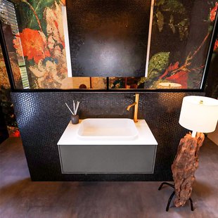 Badkamermeubelset Mondiaz Erin 80 cm met 1 Lade met RIDGE Wastafel Midden Talc met 1 kraangat Greeploos Mat Dark Grey