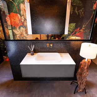 Badkamermeubelset Mondiaz Erin 100 cm met 1 Lade met RIDGE Wastafel Midden Talc Zonder Kraangaten Greeploos Mat Dark Grey