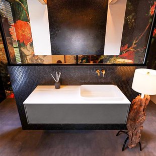 Badkamermeubelset Mondiaz Erin 120 cm met 1 Lade met RIDGE Wastafel Rechts Talc Zonder Kraangaten Greeploos Mat Dark Grey