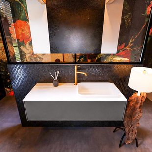 Badkamermeubelset Mondiaz Erin 120 cm met 1 Lade met RIDGE Wastafel Rechts Talc met 1 kraangat Greeploos Mat Dark Grey