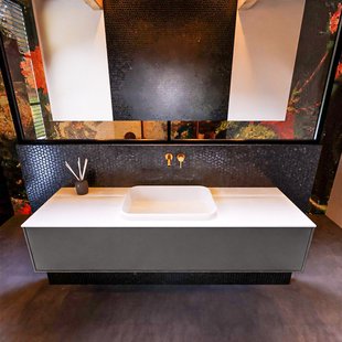 Badkamermeubelset Mondiaz Erin 150 cm met 1 Lade met RIDGE Wastafel Midden Talc Zonder Kraangaten Greeploos Mat Dark Grey