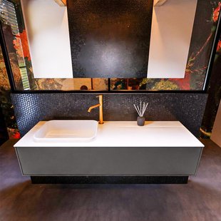 Badkamermeubelset Mondiaz Erin 150 cm met 1 Lade met RIDGE Wastafel Links Talc met 1 kraangat Greeploos Mat Dark Grey