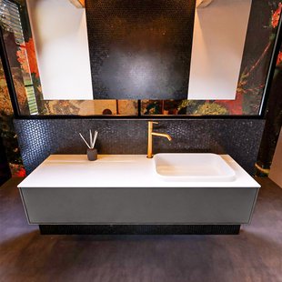 Badkamermeubelset Mondiaz Erin 150 cm met 1 Lade met RIDGE Wastafel Rechts Talc met 1 kraangat Greeploos Mat Dark Grey