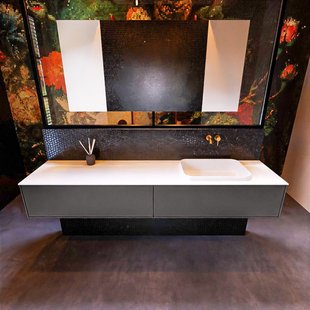 Badkamermeubelset Mondiaz Erin 200 cm met 2 Lades met RIDGE Wastafel Rechts Talc Zonder Kraangaten Greeploos Mat Dark Grey