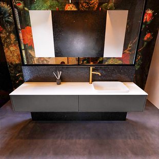 Badkamermeubelset Mondiaz Erin 200 cm met 2 Lades met RIDGE Wastafel Rechts Talc met 1 kraangat Greeploos Mat Dark Grey
