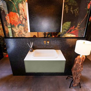 Badkamermeubelset Mondiaz Erin 80 cm met 1 Lade met RIDGE Wastafel Midden Talc Zonder Kraangaten Greeploos Mat Army