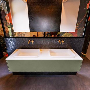 Badkamermeubelset Mondiaz Erin 150 cm met 1 Lade met RIDGE Wastafel Dubbel Talc Zonder Kraangaten Greeploos Mat Army