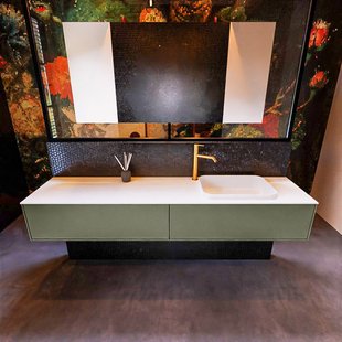 Badkamermeubelset Mondiaz Erin 200 cm met 2 Lades met RIDGE Wastafel Rechts Talc met 1 kraangat Greeploos Mat Army