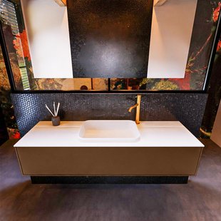 Badkamermeubelset Mondiaz Erin 150 cm met 1 Lade met RIDGE Wastafel Midden Talc met 1 kraangat Greeploos Mat Rust