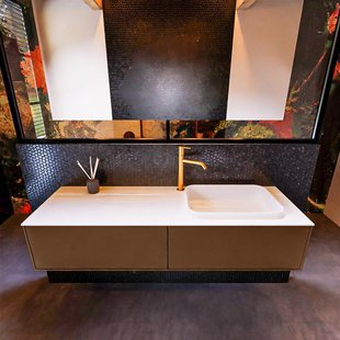 Badkamermeubelset Mondiaz Erin 150 cm met 2 Lades met RIDGE Wastafel Rechts Talc met 1 kraangat Greeploos Mat Rust