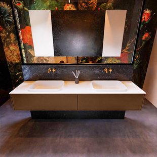 Badkamermeubelset Mondiaz Erin 200 cm met 2 Lades met RIDGE Wastafel Dubbel Talc Zonder Kraangaten Greeploos Mat Rust