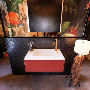 Badkamermeubelset Mondiaz Erin 80 cm met 1 Lade met RIDGE Wastafel Midden Talc met 1 kraangat Greeploos Mat Fire