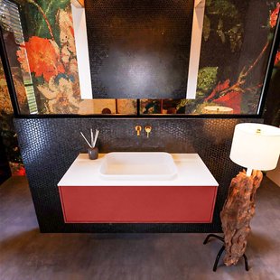 Badkamermeubelset Mondiaz Erin 100 cm met 1 Lade met RIDGE Wastafel Midden Talc Zonder Kraangaten Greeploos Mat Fire