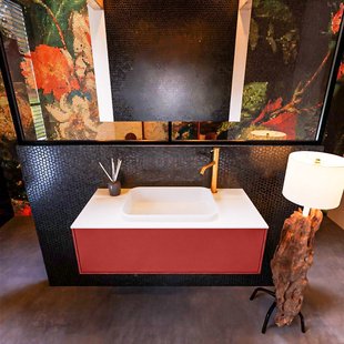 Badkamermeubelset Mondiaz Erin 100 cm met 1 Lade met RIDGE Wastafel Midden Talc met 1 kraangat Greeploos Mat Fire