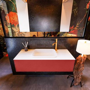 Badkamermeubelset Mondiaz Erin 120 cm met 1 Lade met RIDGE Wastafel Midden Talc met 1 kraangat Greeploos Mat Fire