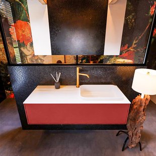 Badkamermeubelset Mondiaz Erin 120 cm met 1 Lade met RIDGE Wastafel Rechts Talc met 1 kraangat Greeploos Mat Fire