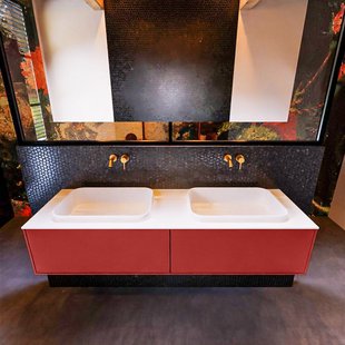 Badkamermeubelset Mondiaz Erin 150 cm met 2 Lades met RIDGE Wastafel Dubbel Talc Zonder Kraangaten Greeploos Mat Fire