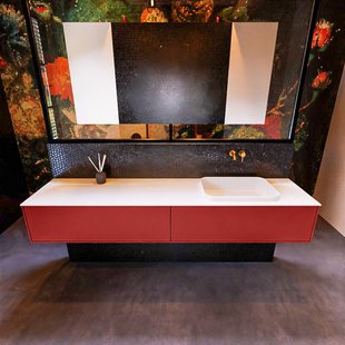 Badkamermeubelset Mondiaz Erin 200 cm met 2 Lades met RIDGE Wastafel Rechts Talc Zonder Kraangaten Greeploos Mat Fire