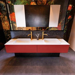 Badkamermeubelset Mondiaz Erin 200 cm met 2 Lades met RIDGE Wastafel Dubbel Talc met 2 kraangaten Greeploos Mat Fire