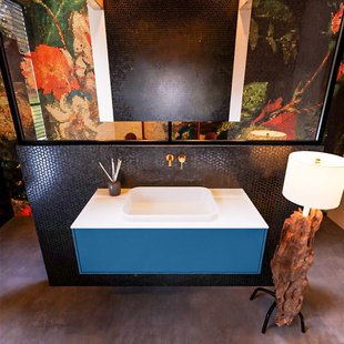 Badkamermeubelset Mondiaz Erin 100 cm met 1 Lade met RIDGE Wastafel Midden Talc Zonder Kraangaten Greeploos Mat Jeans