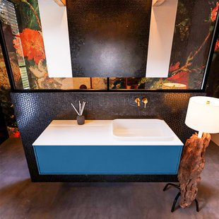 Badkamermeubelset Mondiaz Erin 120 cm met 1 Lade met RIDGE Wastafel Rechts Talc Zonder Kraangaten Greeploos Mat Jeans