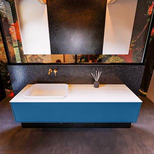 Badkamermeubelset Mondiaz Erin 150 cm met 1 Lade met RIDGE Wastafel Links Talc Zonder Kraangaten Greeploos Mat Jeans