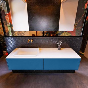 Badkamermeubelset Mondiaz Erin 150 cm met 2 Lades met RIDGE Wastafel Links Talc Zonder Kraangaten Greeploos Mat Jeans