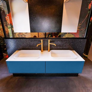 Badkamermeubelset Mondiaz Erin 150 cm met 2 Lades met RIDGE Wastafel Dubbel Talc met 2 kraangaten Greeploos Mat Jeans