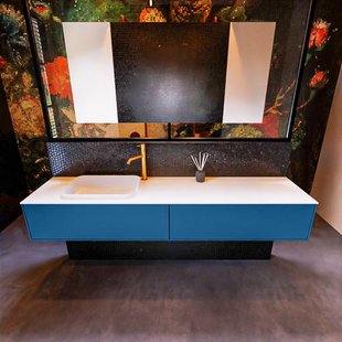 Badkamermeubelset Mondiaz Erin 200 cm met 2 Lades met RIDGE Wastafel Links Talc met 1 kraangat Greeploos Mat Jeans