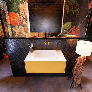 Badkamermeubelset Mondiaz Erin 80 cm met 1 Lade met RIDGE Wastafel Midden Talc Zonder Kraangaten Greeploos Mat Ocher