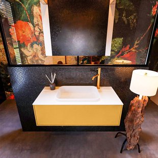 Badkamermeubelset Mondiaz Erin 100 cm met 1 Lade met RIDGE Wastafel Midden Talc met 1 kraangat Greeploos Mat Ocher