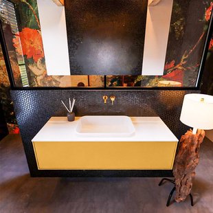 Badkamermeubelset Mondiaz Erin 120 cm met 1 Lade met RIDGE Wastafel Midden Talc Zonder Kraangaten Greeploos Mat Ocher